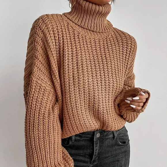 Mocha Brown Casual Womens Turtleneck Drop Shoulder Ribbed Knit Sweater - Picture 5 of 5